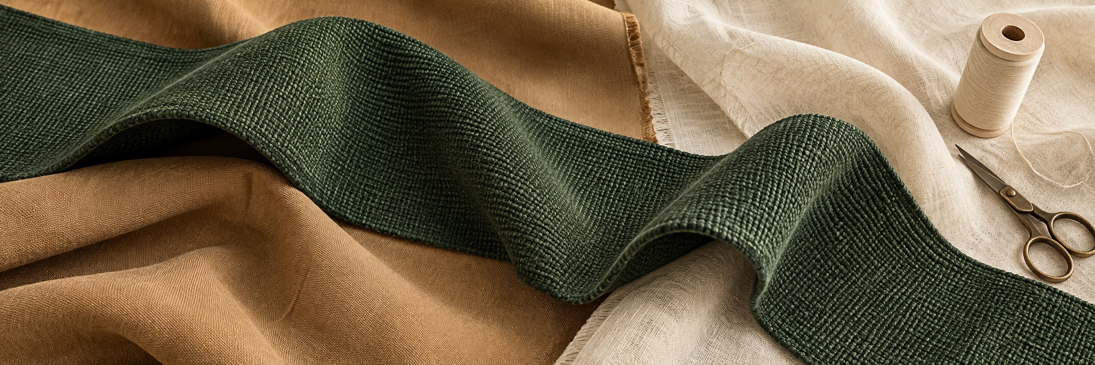 Illustrative green woven fabric flowing over tan canvas and cream linen beside thread and shears